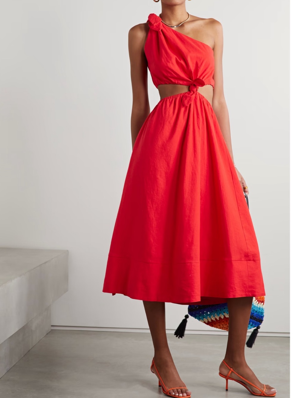 FARM RIO One-Shoulder Cutout Linen-Blend Midi Dress Women’s Sz S
